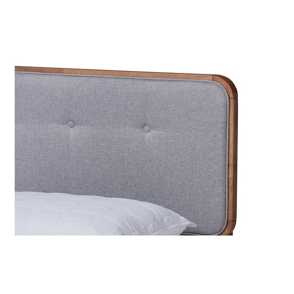 Light Grey Fabric Upholstered Walnut Brown Finished Wood Queen Size Platform Bed. Picture 4
