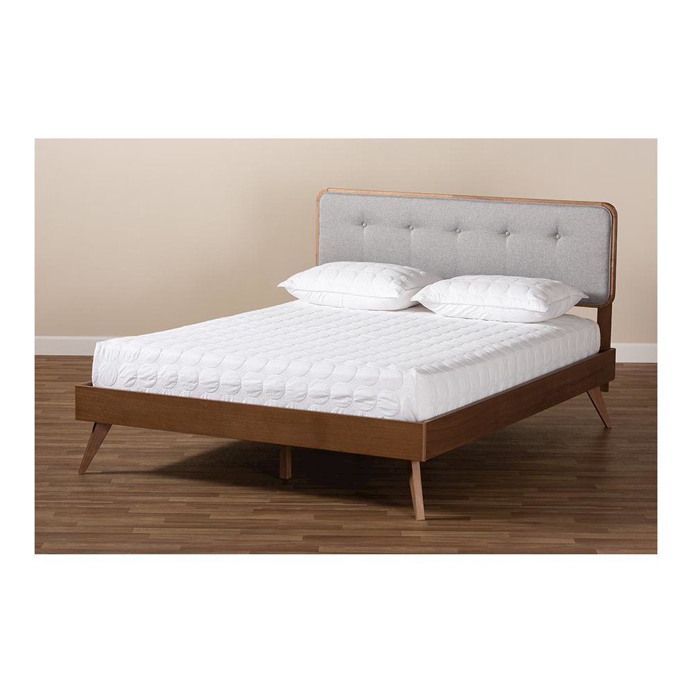 Light Grey Fabric Upholstered Walnut Brown Finished Wood Queen Size Platform Bed. Picture 7