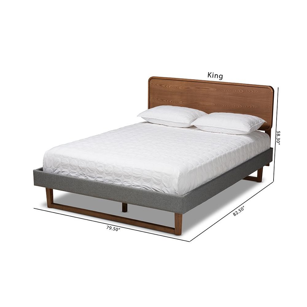 Dark Grey Fabric Upholstered Walnut Brown Finished Wood Queen Size Platform Bed. Picture 10
