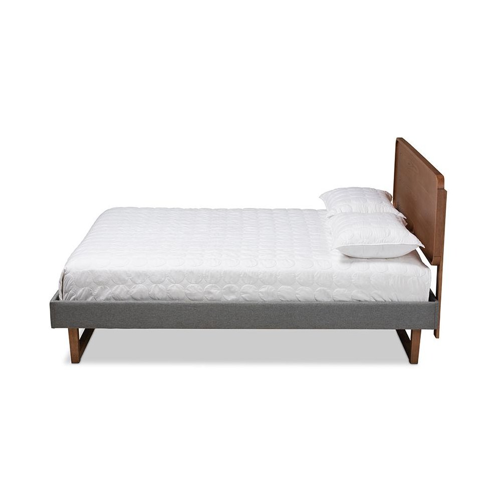 Dark Grey Fabric Upholstered Walnut Brown Finished Wood Queen Size Platform Bed. Picture 2