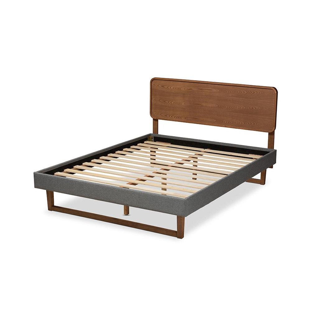 Dark Grey Fabric Upholstered Walnut Brown Finished Wood Queen Size Platform Bed. Picture 3