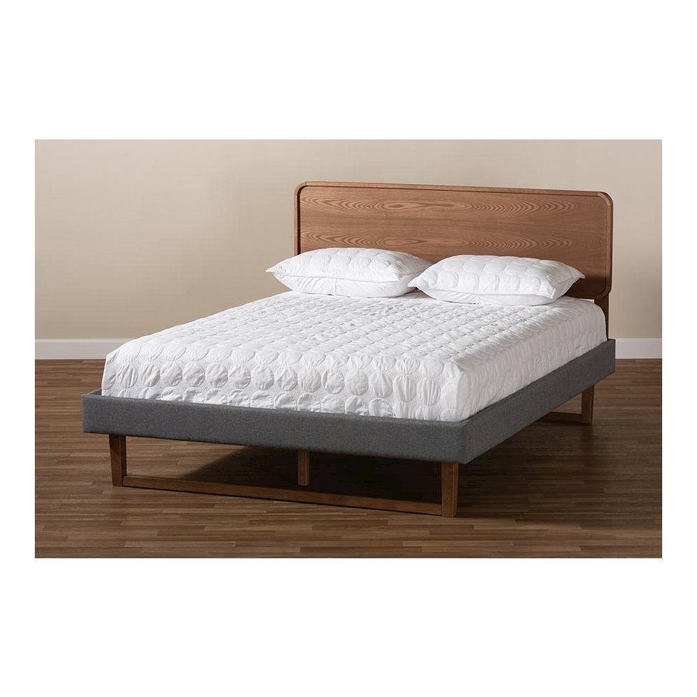 Dark Grey Fabric Upholstered Walnut Brown Finished Wood Queen Size Platform Bed. Picture 7