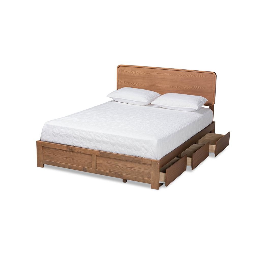 Ash Walnut Brown Finished Wood Queen Size 3-Drawer Platform Storage Bed. Picture 2