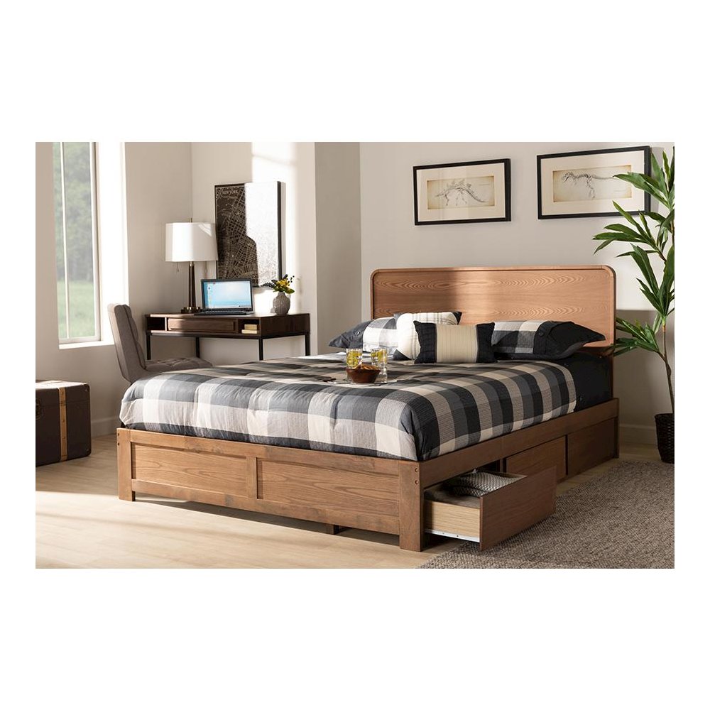 Ash Walnut Brown Finished Wood Queen Size 3-Drawer Platform Storage Bed. Picture 9