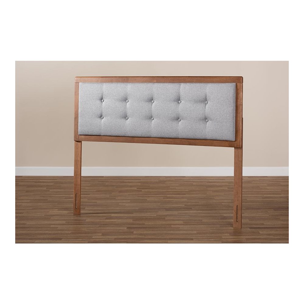 Light Grey Fabric Upholstered Walnut Brown Finished Wood Queen Size Headboard. Picture 5