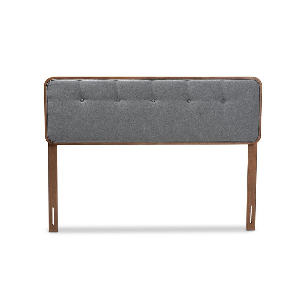 Dark Grey Fabric Upholstered Walnut Brown Finished Wood Queen Size Headboard. Picture 2