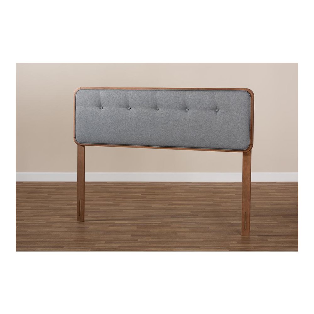 Dark Grey Fabric Upholstered Walnut Brown Finished Wood Queen Size Headboard. Picture 5