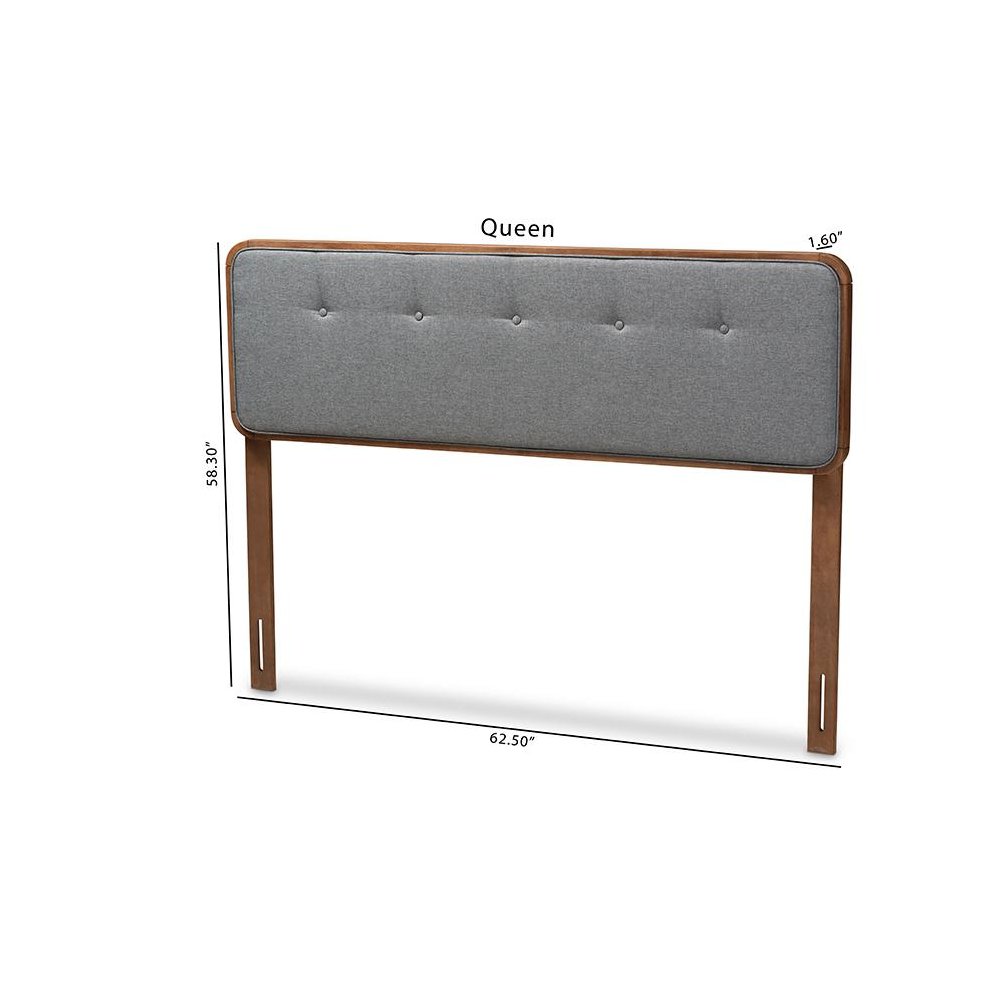Dark Grey Fabric Upholstered Walnut Brown Finished Wood Queen Size Headboard. Picture 7