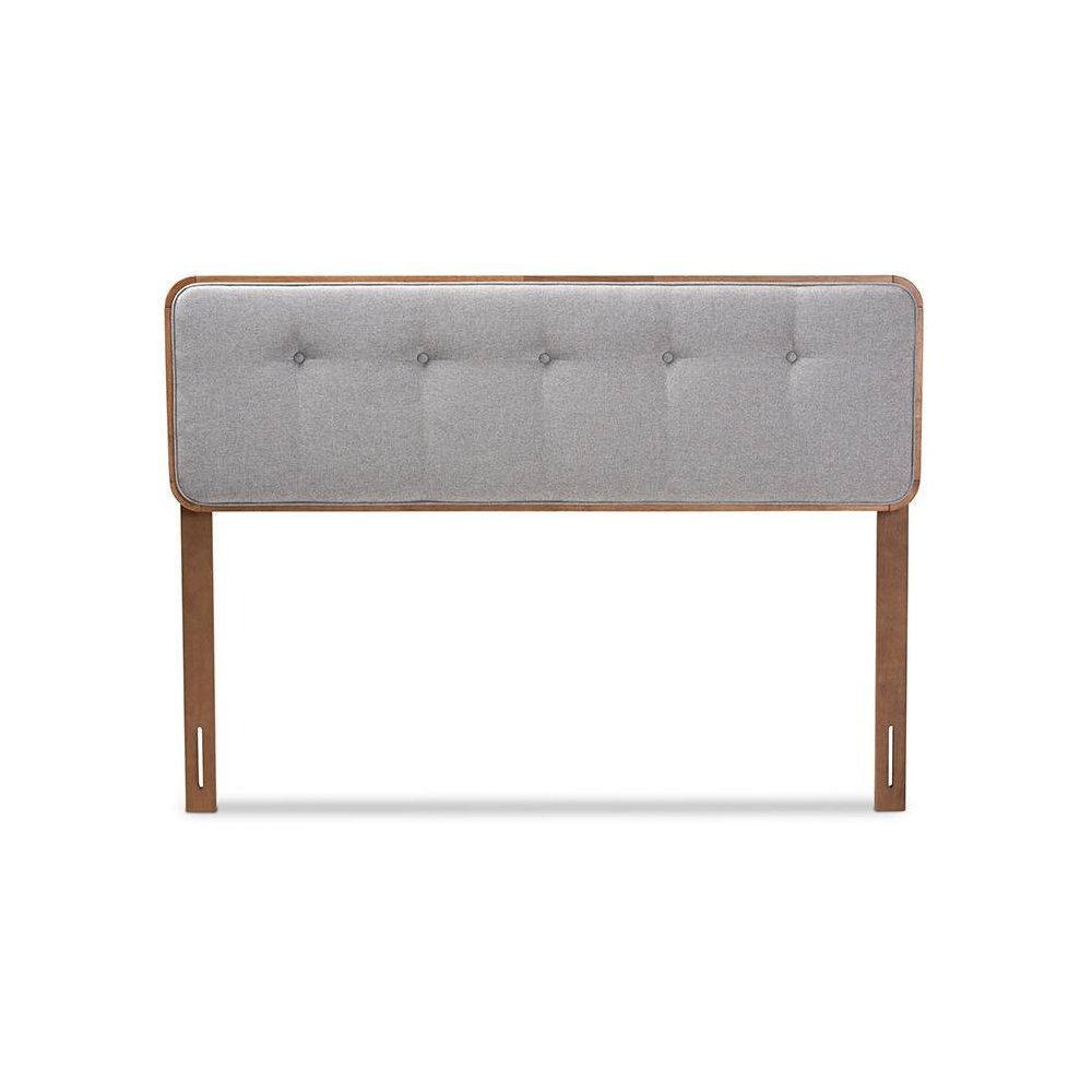 Light Grey Fabric Upholstered Walnut Brown Finished Wood Queen Size Headboard. Picture 2