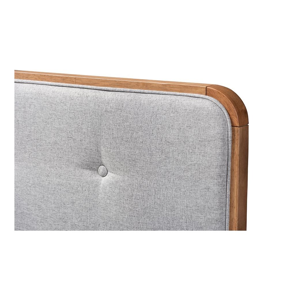Light Grey Fabric Upholstered Walnut Brown Finished Wood Queen Size Headboard. Picture 3