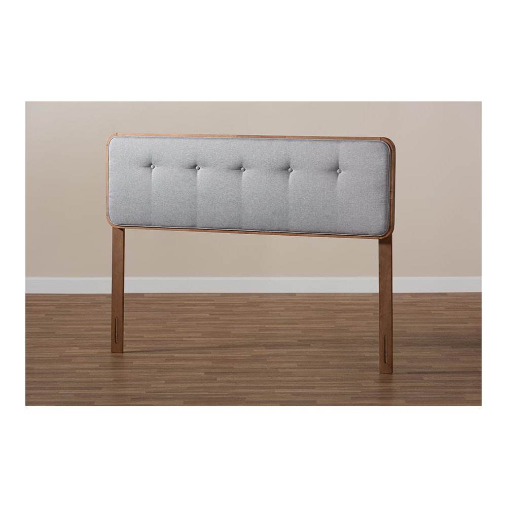 Light Grey Fabric Upholstered Walnut Brown Finished Wood Queen Size Headboard. Picture 5