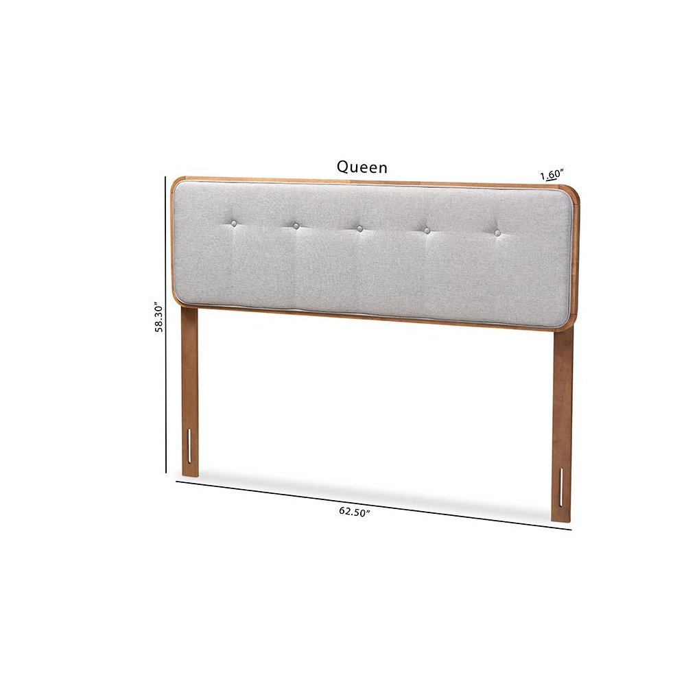 Light Grey Fabric Upholstered Walnut Brown Finished Wood Queen Size Headboard. Picture 7