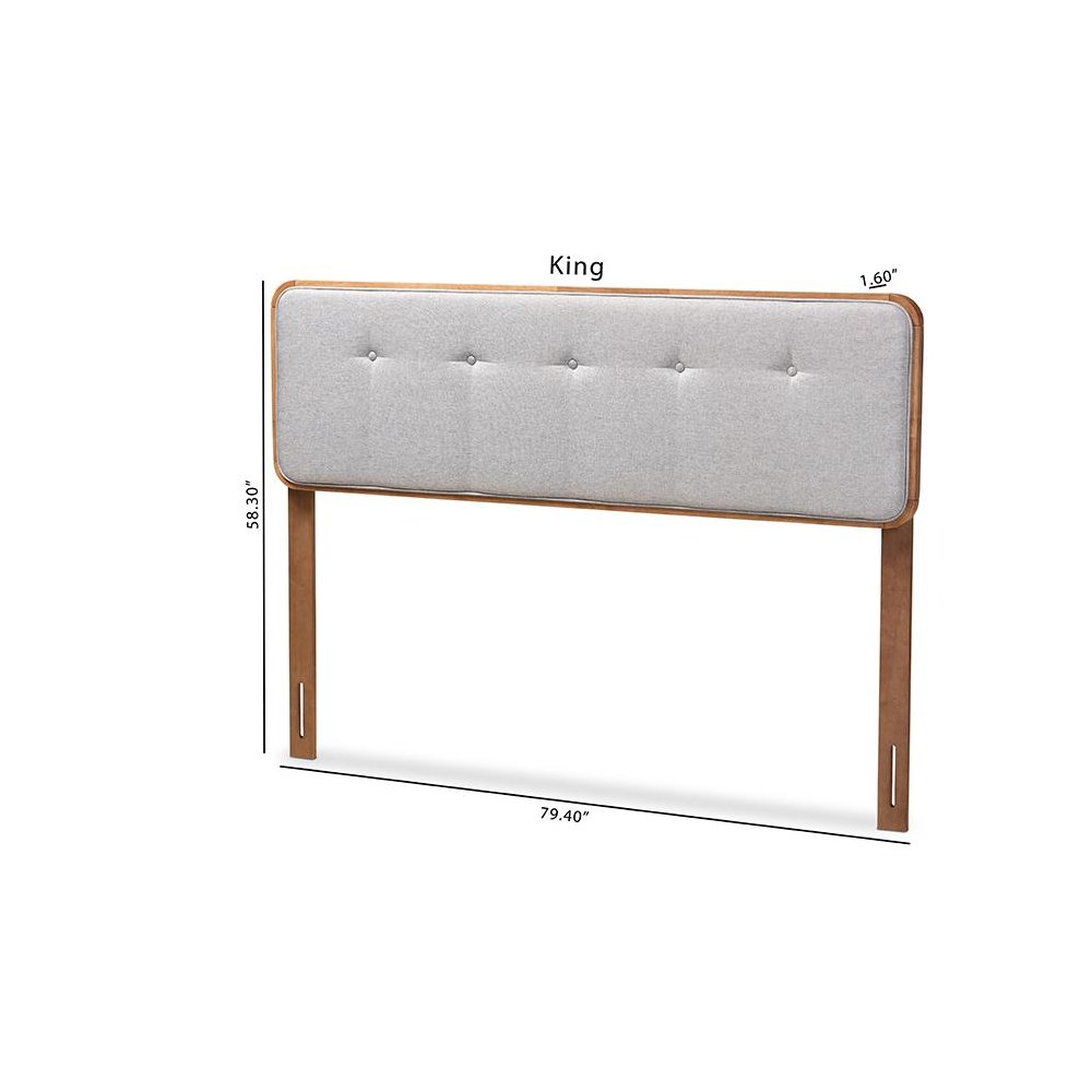 Light Grey Fabric Upholstered Walnut Brown Finished Wood Queen Size Headboard. Picture 8
