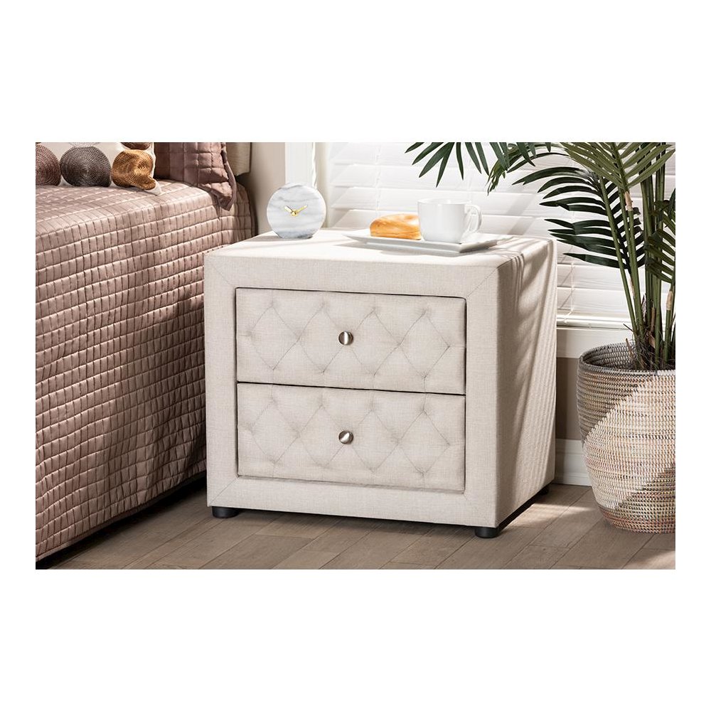 Light Beige Fabric Upholstered 2-Drawer Wood Nightstand. Picture 17