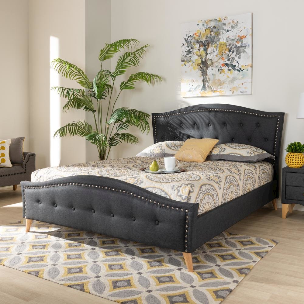 Charcoal Grey Fabric Upholstered and Button Tufted King Size Platform Bed. Picture 15