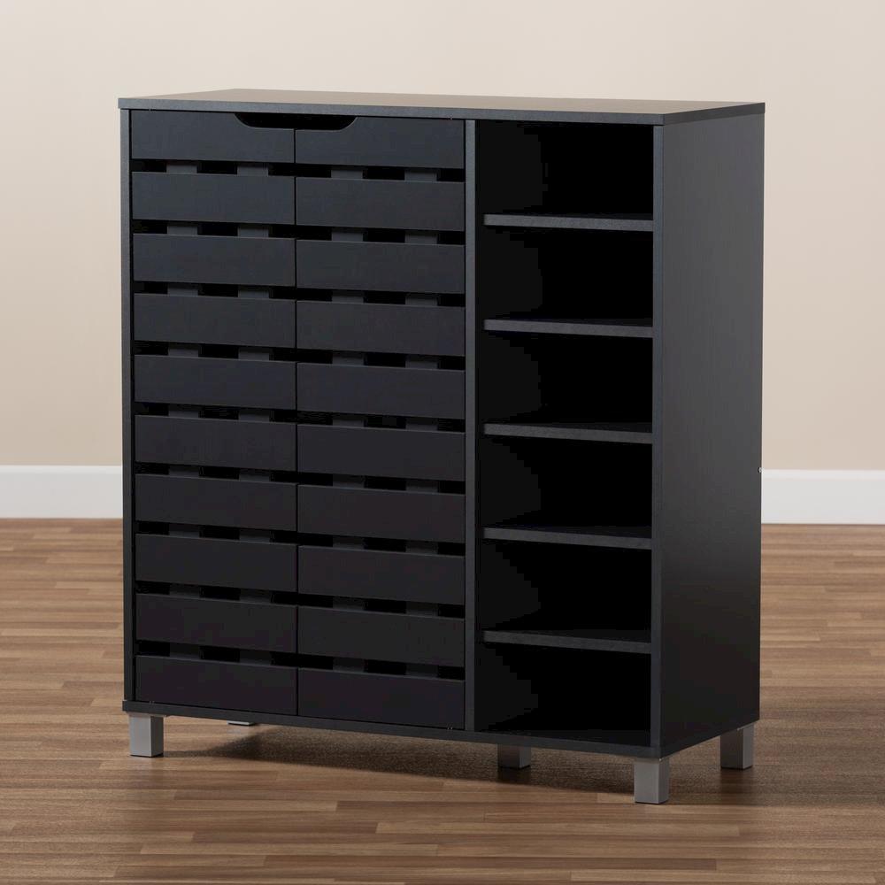 Dark Grey Finished 2-Door Wood Shoe Storage Cabinet with Open Shelves. Picture 19