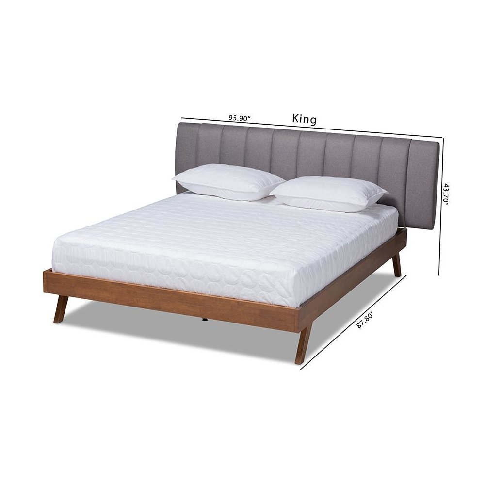 Grey Fabric Upholstered Walnut Finished Wood King Size Bed. Picture 9