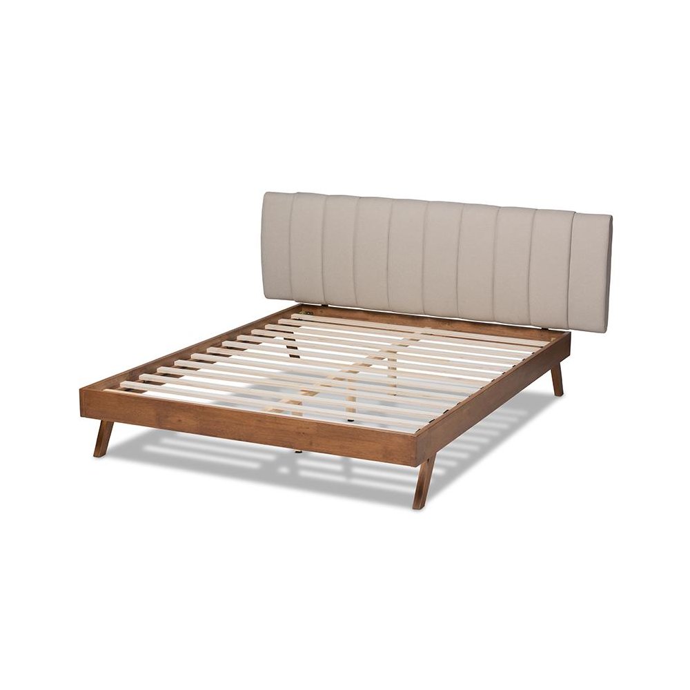 Light Beige Fabric Upholstered Walnut Finished Wood King Size Bed. Picture 3