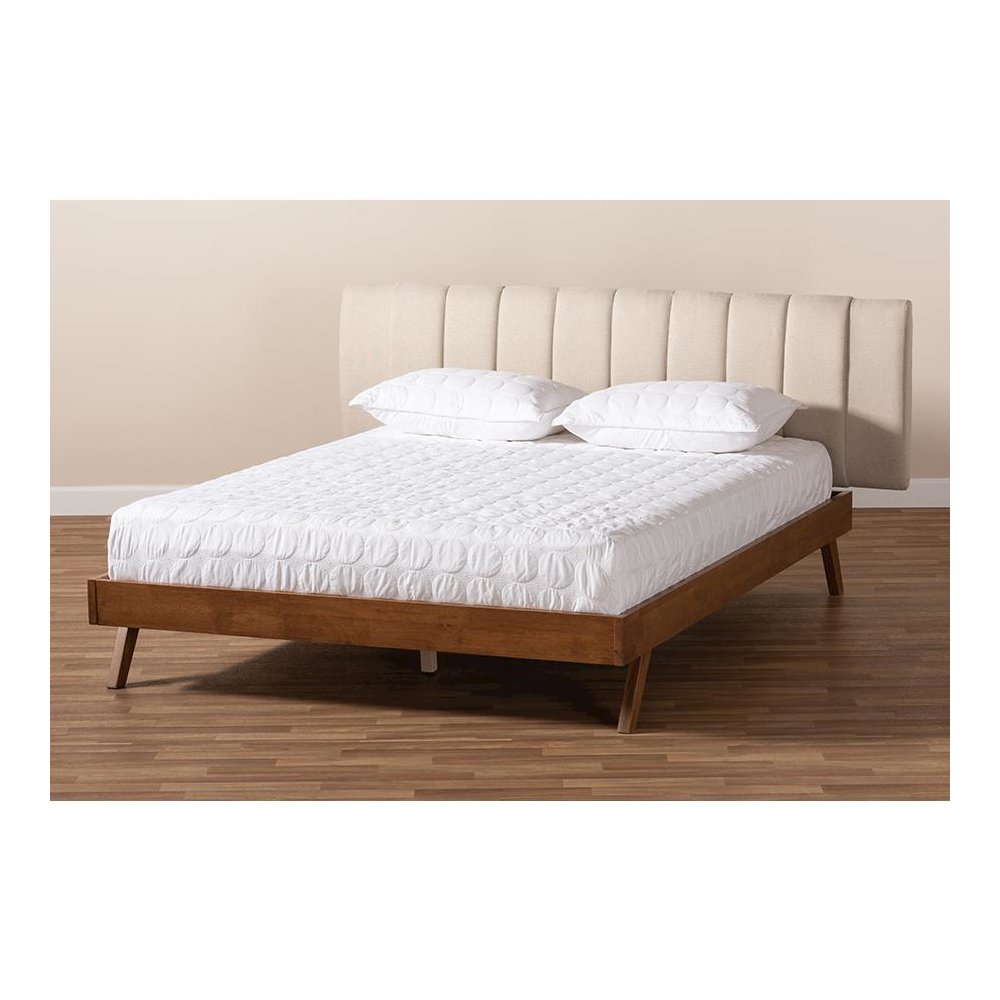 Light Beige Fabric Upholstered Walnut Finished Wood King Size Bed. Picture 7