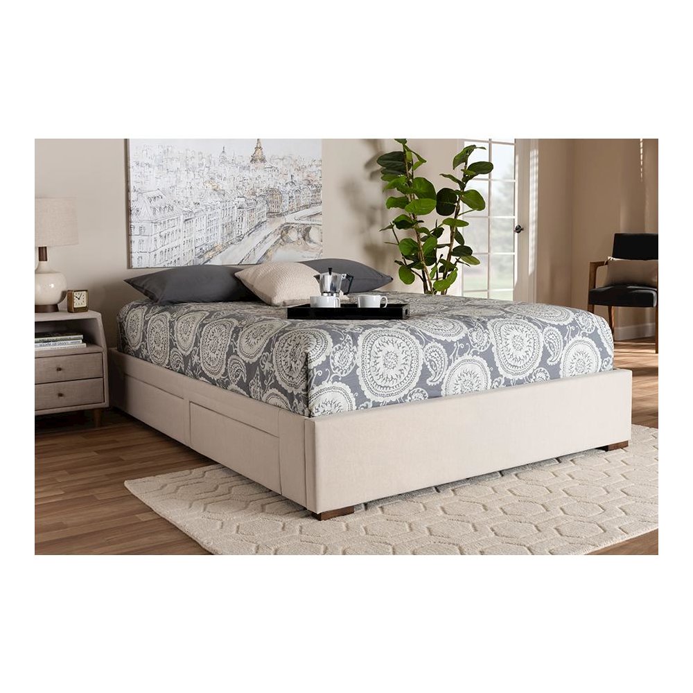 Beige Fabric Upholstered 4-Drawer King Size Platform Storage Bed Frame. Picture 7