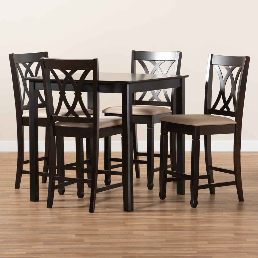 Sand Fabric Upholstered Espresso Brown Finished 5-Piece Wood Pub Set. Picture 13