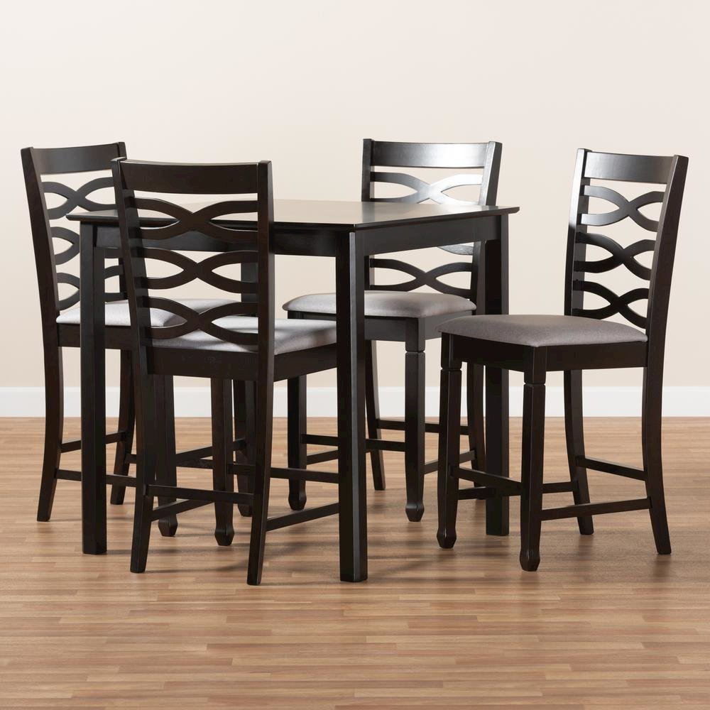 Gray Fabric Upholstered Espresso Brown Finished 5-Piece Wood Pub Set. Picture 13