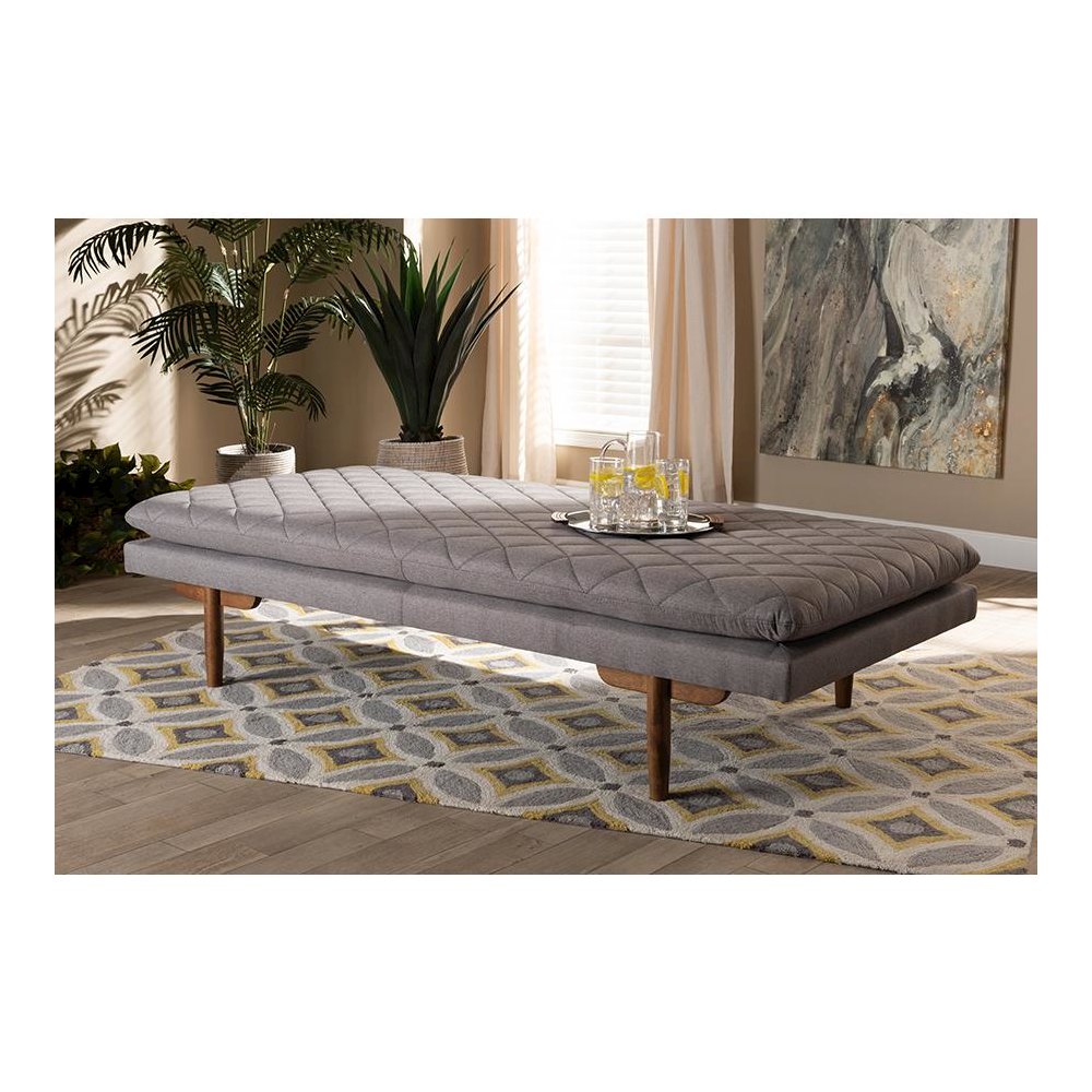 Marit Mid-Century Modern Grey Fabric Upholstered Walnut Finished Wood Daybed. Picture 17