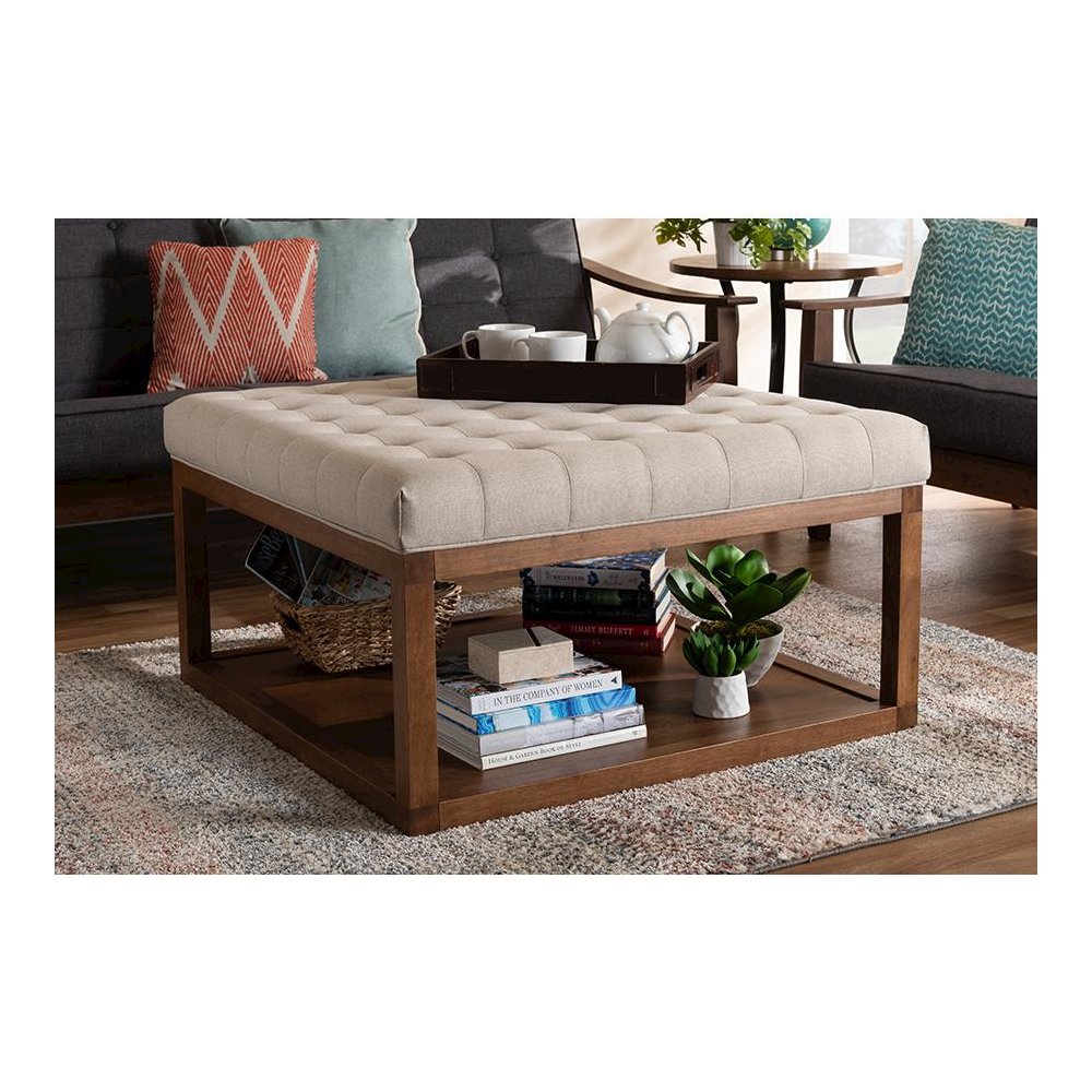 Beige Fabric Upholstered Walnut Finished Cocktail Ottoman. Picture 15