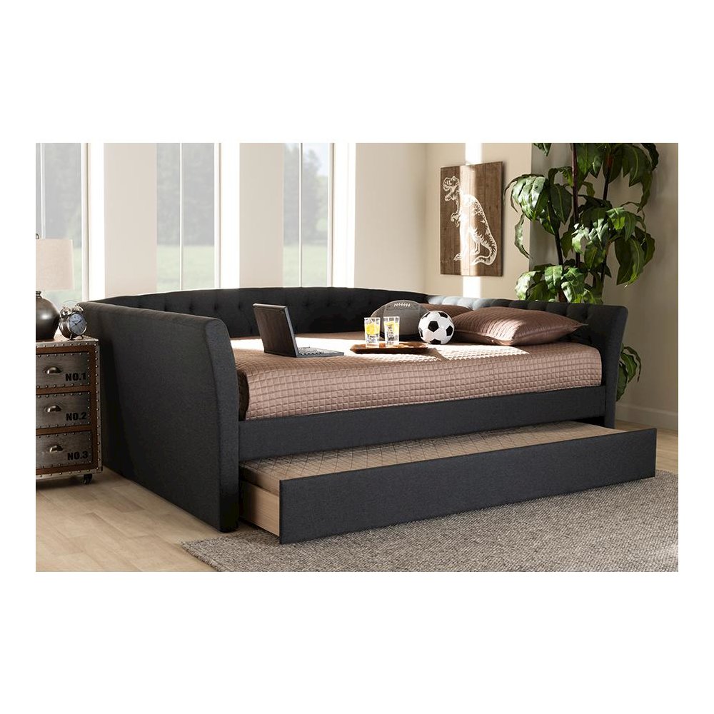 Dark Grey Fabric Upholstered Full Size Daybed with Roll-Out Trundle Bed. Picture 23