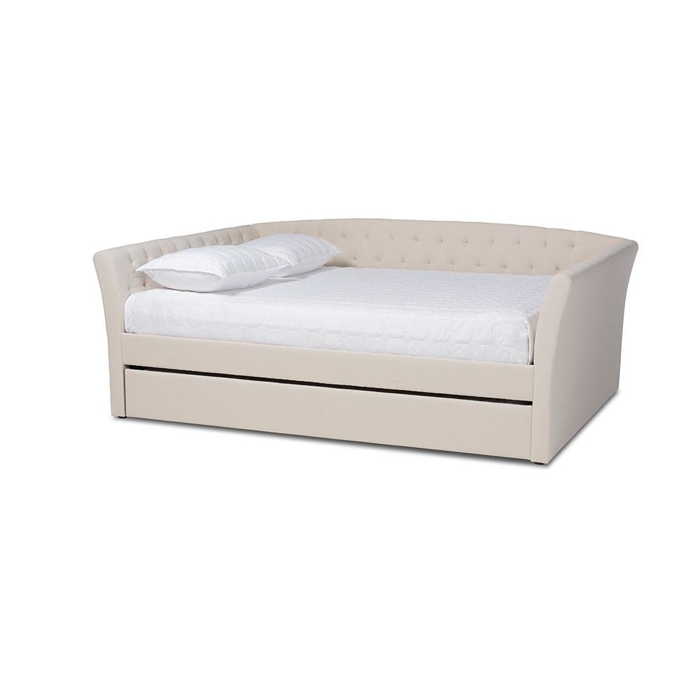 Beige Fabric Upholstered Queen Size Daybed with Roll-Out Trundle Bed. Picture 1