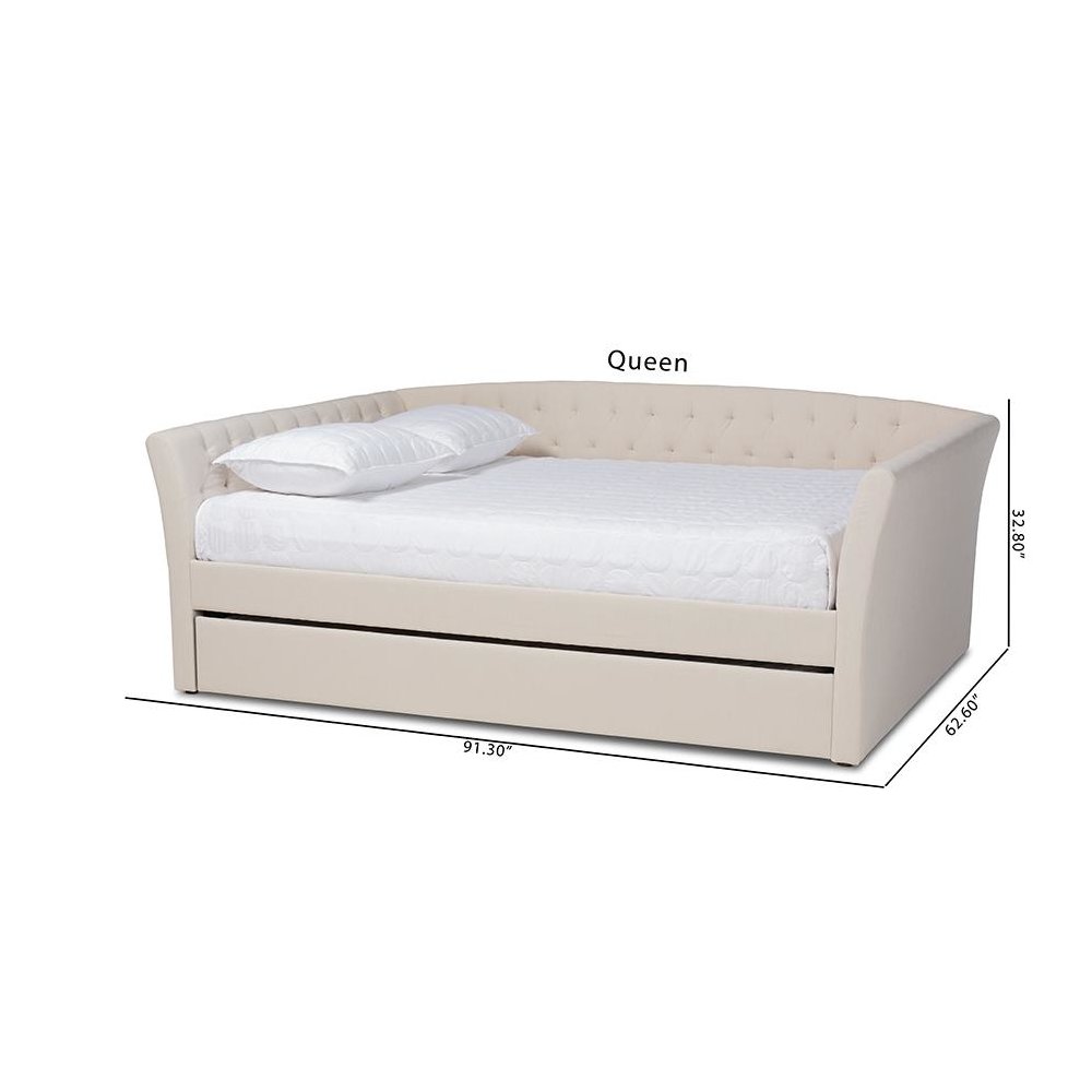Beige Fabric Upholstered Queen Size Daybed with Roll-Out Trundle Bed. Picture 11