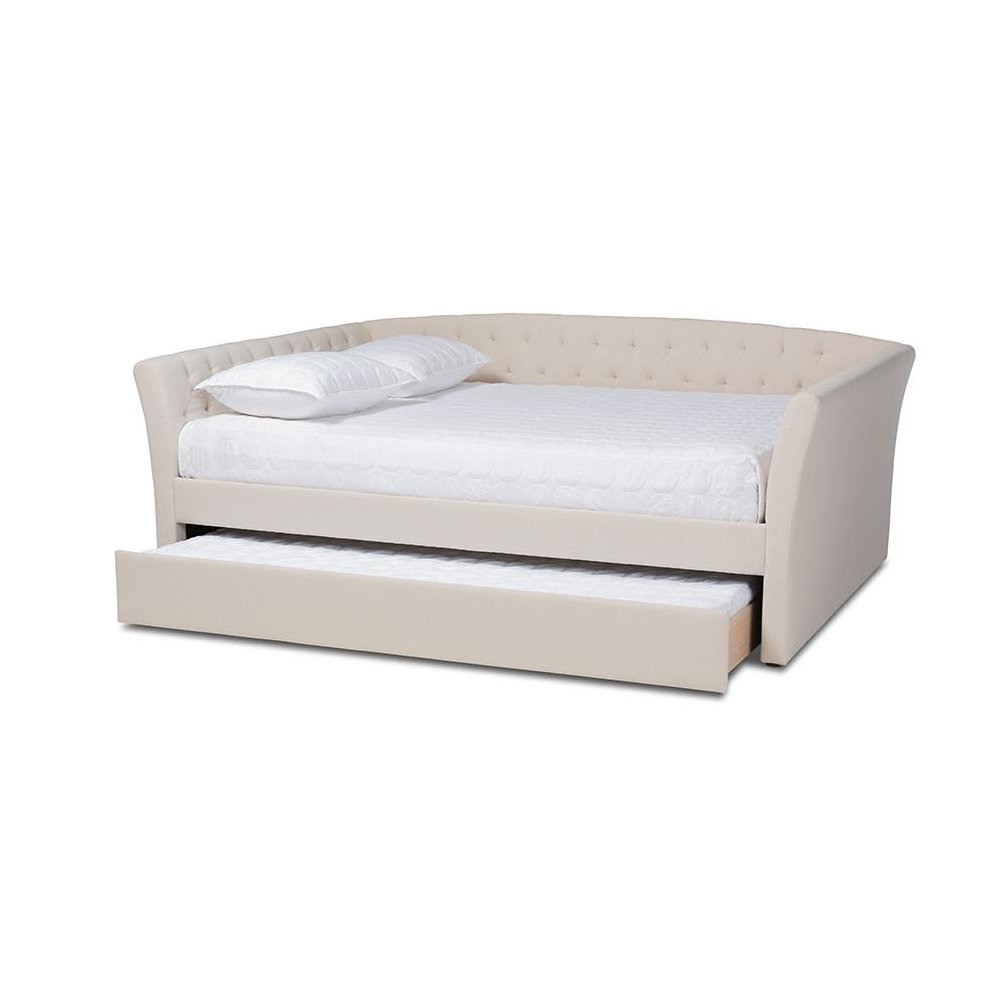 Beige Fabric Upholstered Queen Size Daybed with Roll-Out Trundle Bed. Picture 2