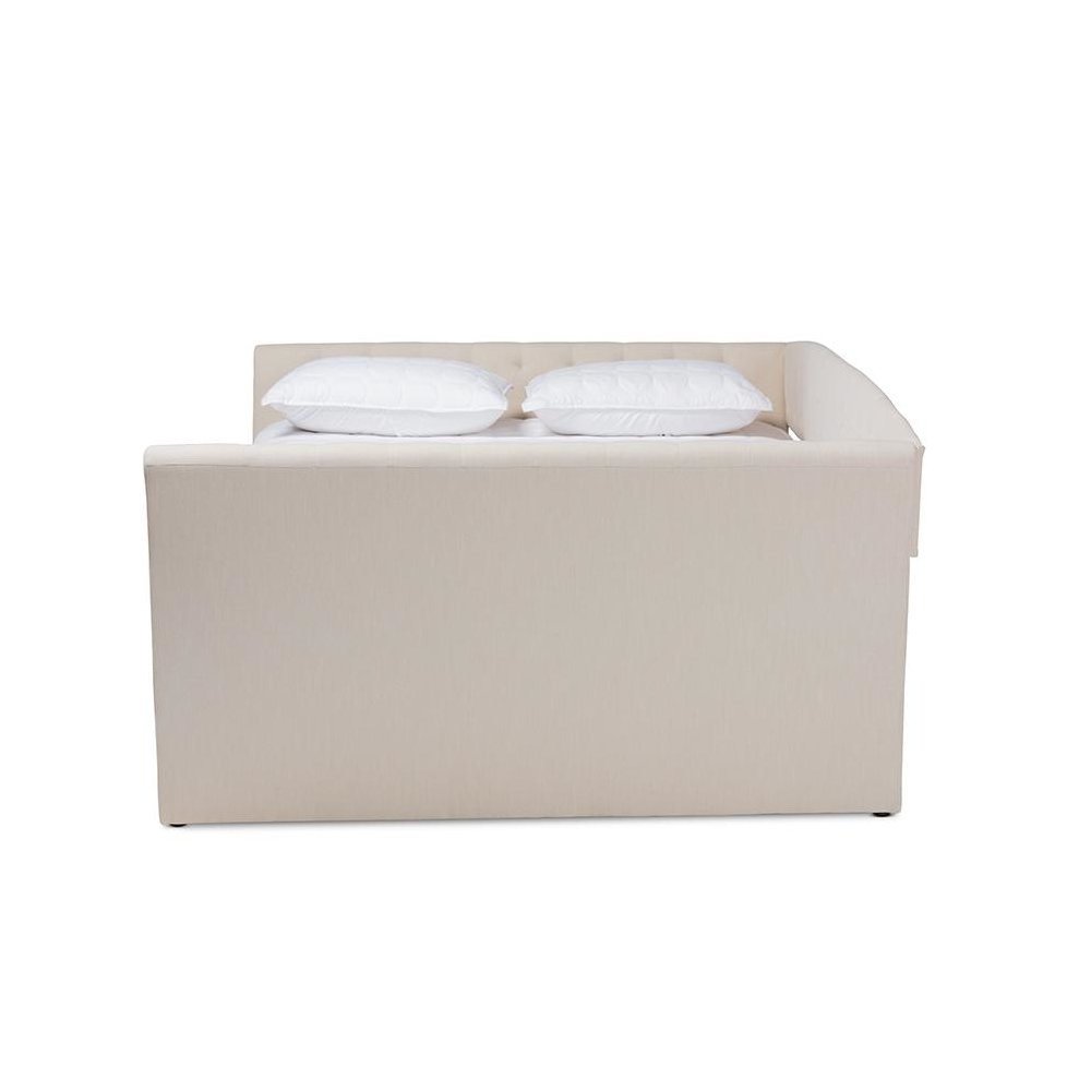 Beige Fabric Upholstered Queen Size Daybed with Roll-Out Trundle Bed. Picture 3