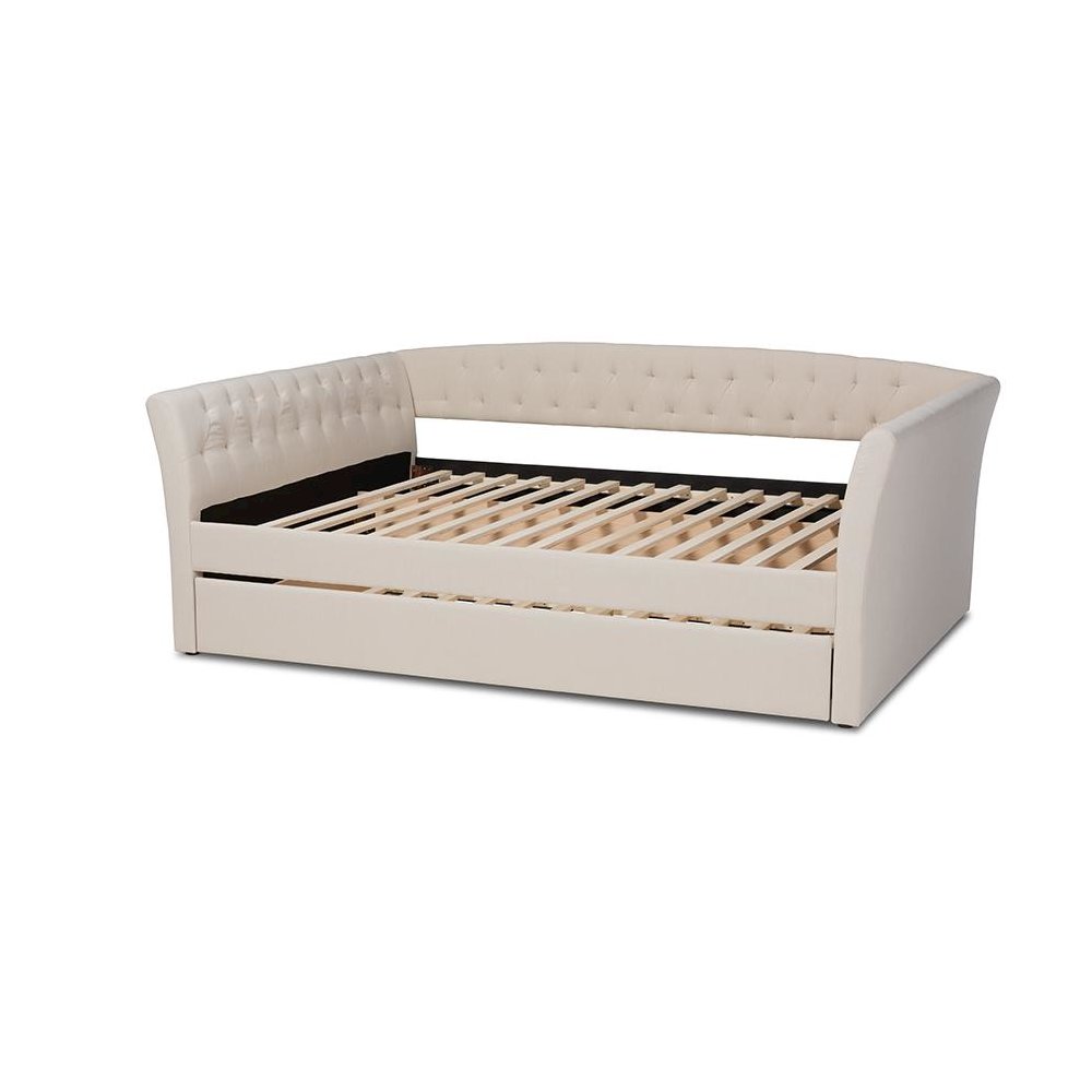 Beige Fabric Upholstered Queen Size Daybed with Roll-Out Trundle Bed. Picture 4