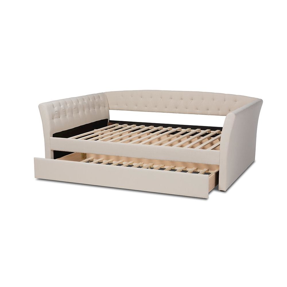 Beige Fabric Upholstered Queen Size Daybed with Roll-Out Trundle Bed. Picture 5