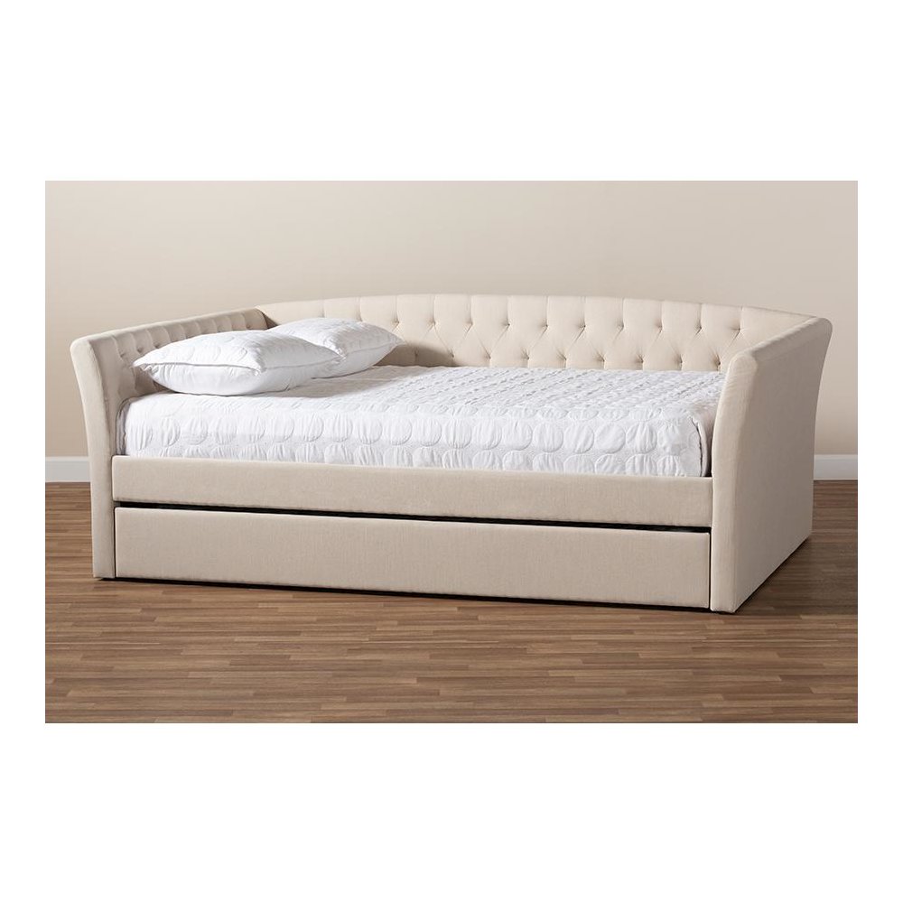 Beige Fabric Upholstered Queen Size Daybed with Roll-Out Trundle Bed. Picture 9