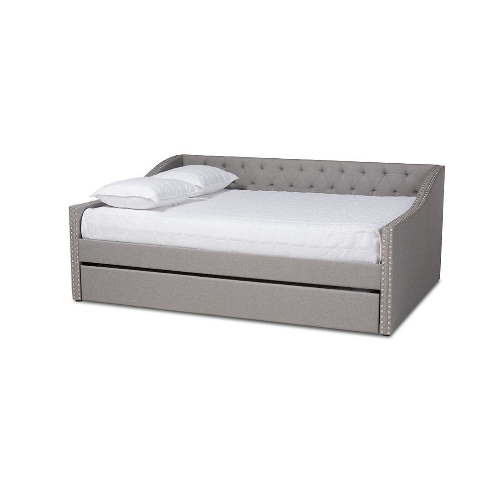 Light Grey Fabric Upholstered Queen Size Daybed with Roll-Out Trundle Bed. Picture 1