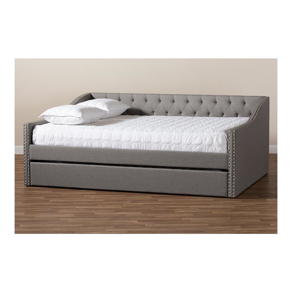 Light Grey Fabric Upholstered Queen Size Daybed with Roll-Out Trundle Bed. Picture 10