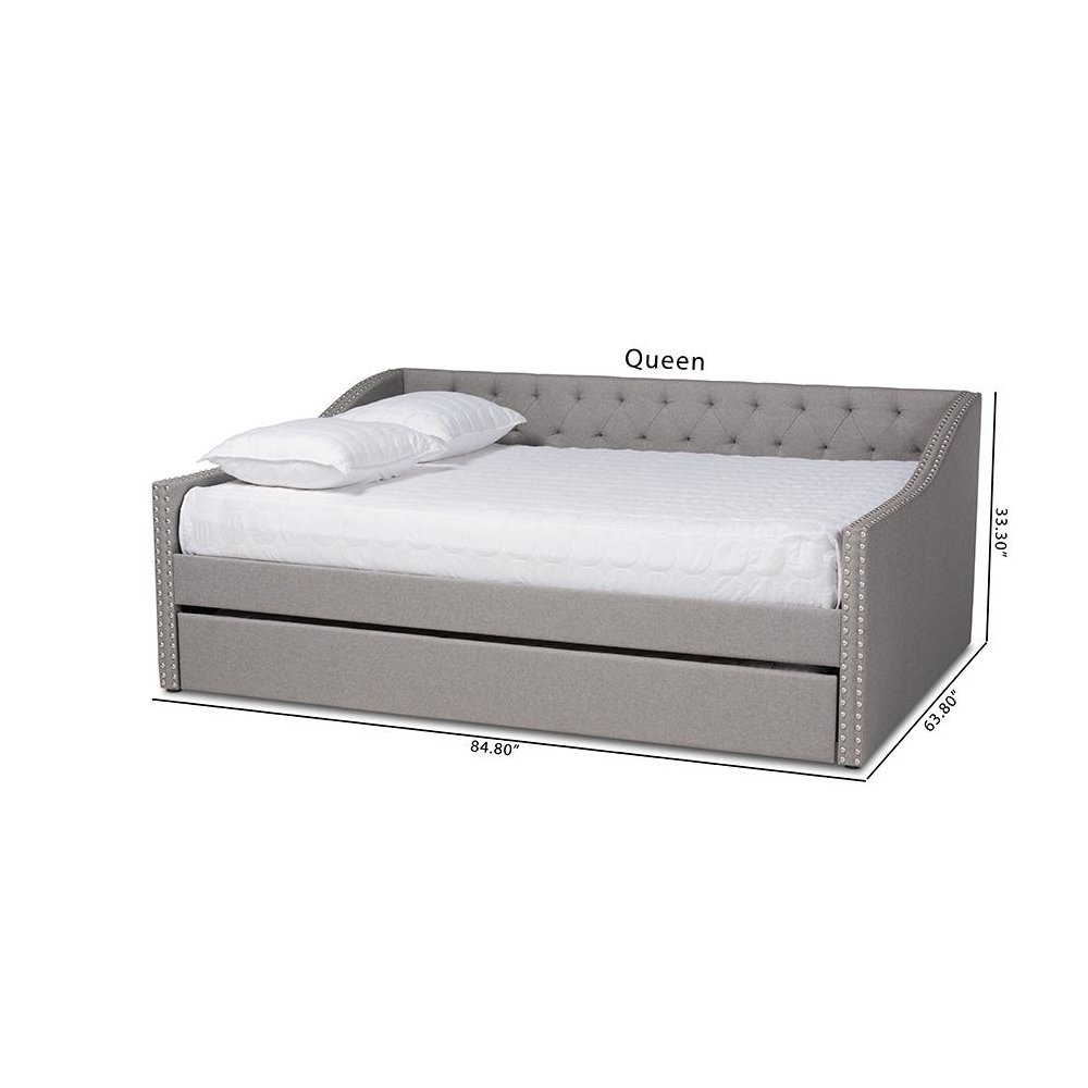 Light Grey Fabric Upholstered Queen Size Daybed with Roll-Out Trundle Bed. Picture 12