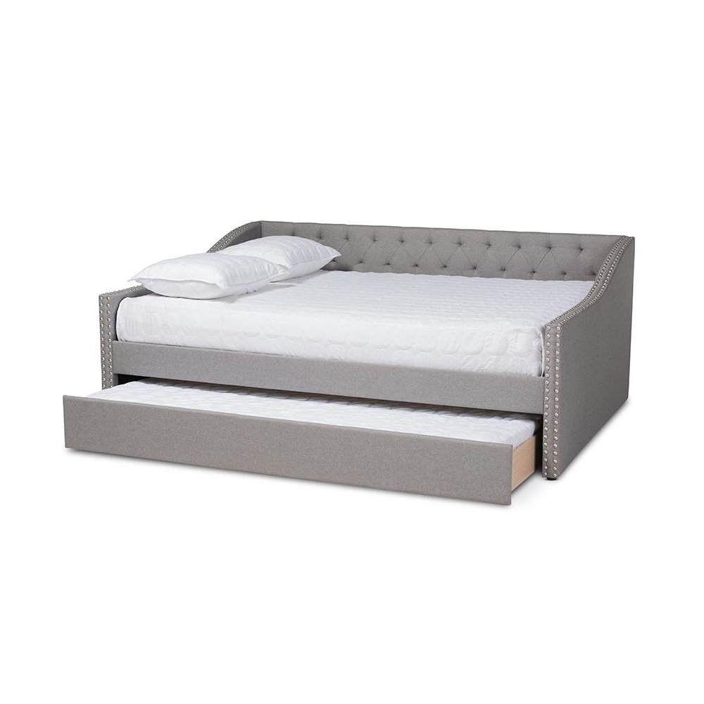 Light Grey Fabric Upholstered Queen Size Daybed with Roll-Out Trundle Bed. Picture 2