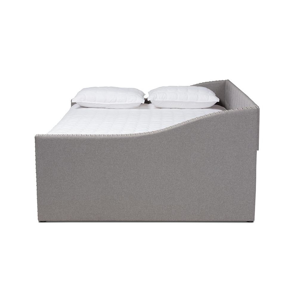 Light Grey Fabric Upholstered Queen Size Daybed with Roll-Out Trundle Bed. Picture 3