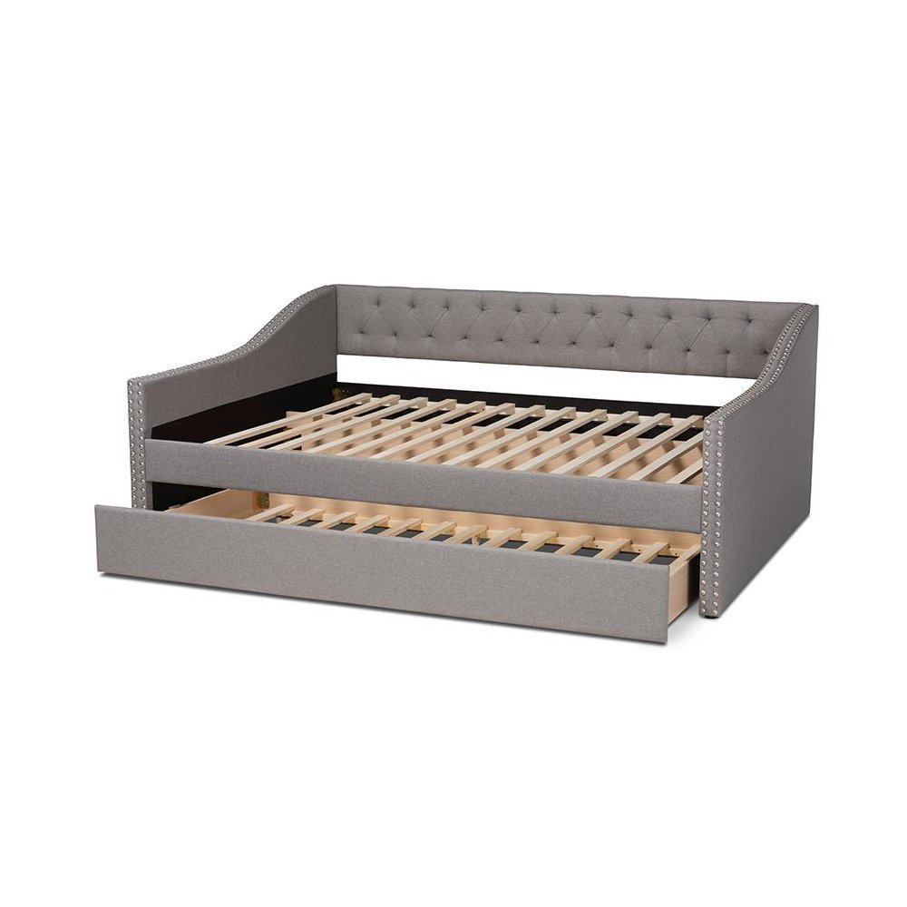 Light Grey Fabric Upholstered Queen Size Daybed with Roll-Out Trundle Bed. Picture 5