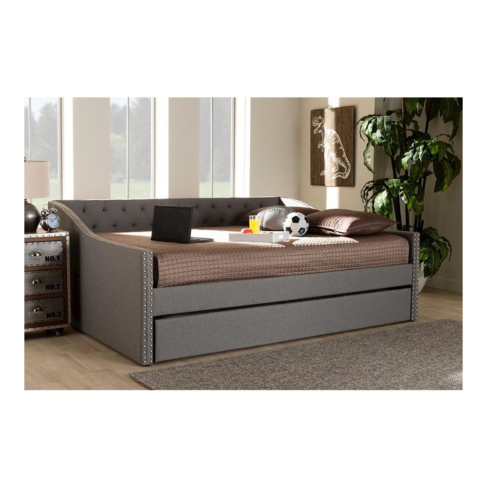 Light Grey Fabric Upholstered Queen Size Daybed with Roll-Out Trundle Bed. Picture 8