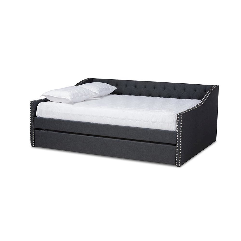 Dark Grey Fabric Upholstered Queen Size Daybed with Roll-Out Trundle Bed. Picture 1
