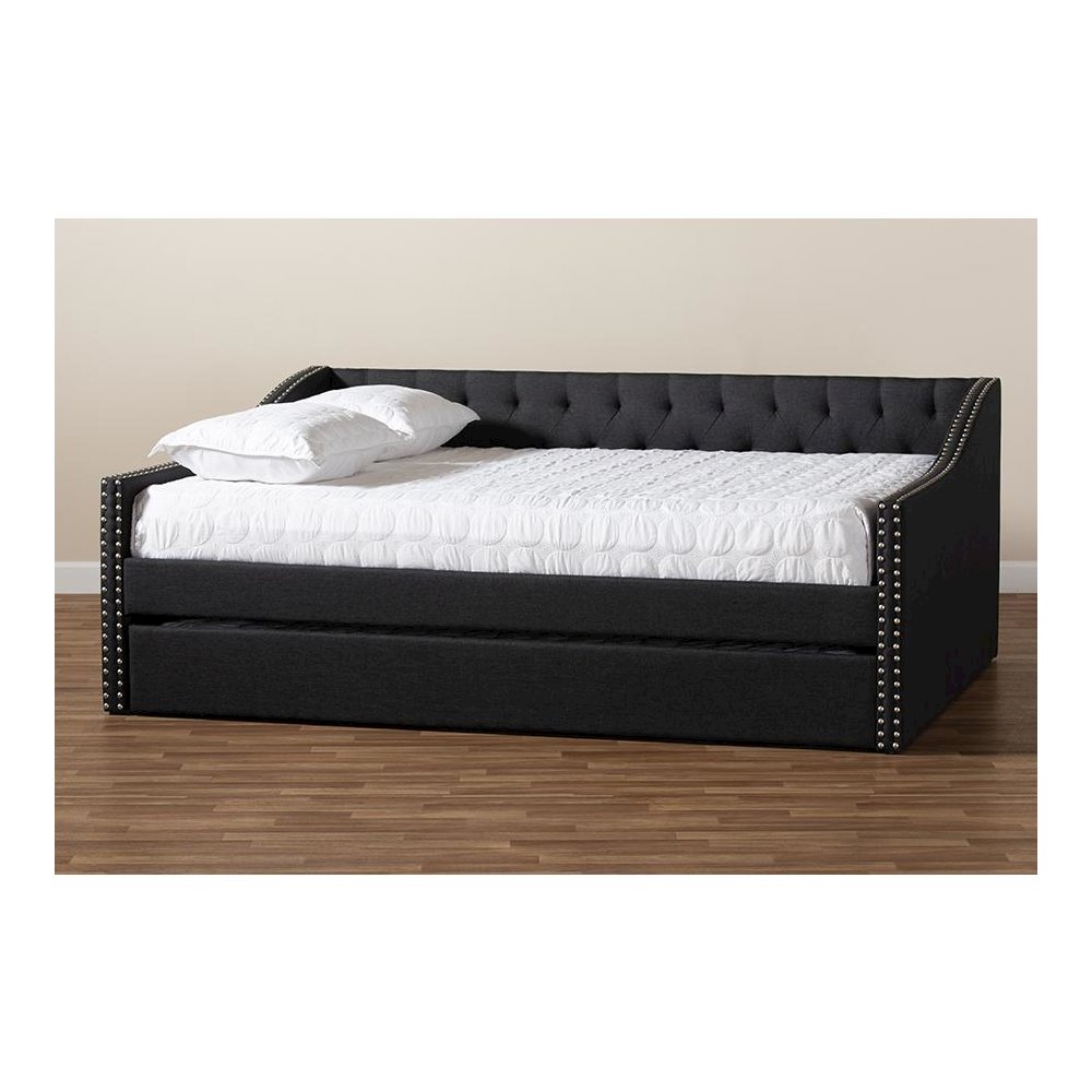 Dark Grey Fabric Upholstered Queen Size Daybed with Roll-Out Trundle Bed. Picture 11