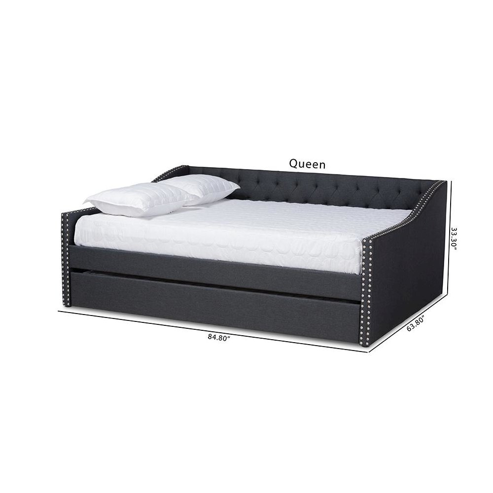 Dark Grey Fabric Upholstered Queen Size Daybed with Roll-Out Trundle Bed. Picture 3