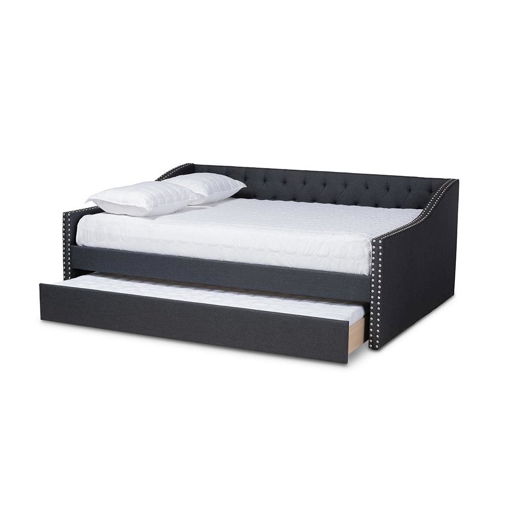 Dark Grey Fabric Upholstered Queen Size Daybed with Roll-Out Trundle Bed. Picture 2