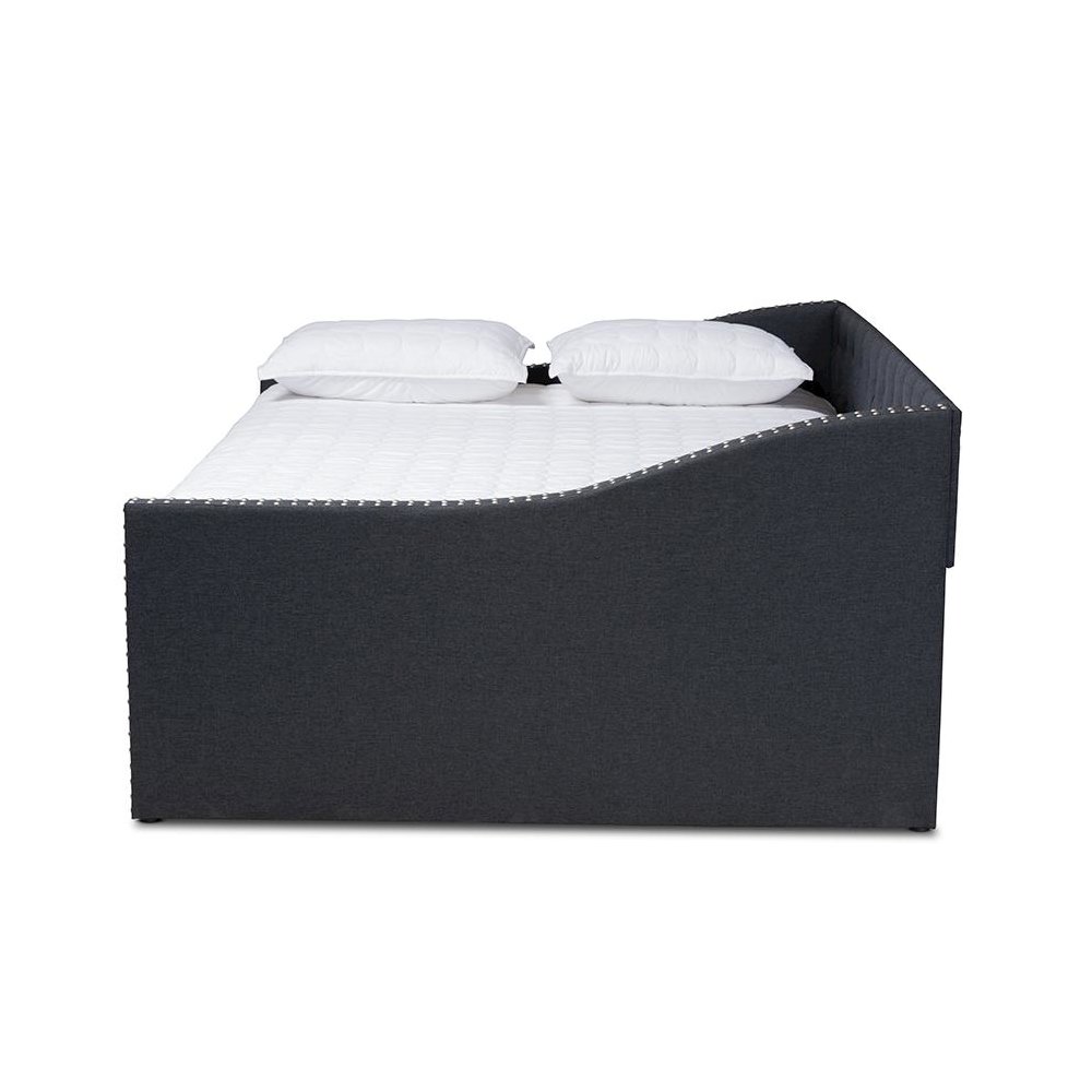 Dark Grey Fabric Upholstered Queen Size Daybed with Roll-Out Trundle Bed. Picture 4