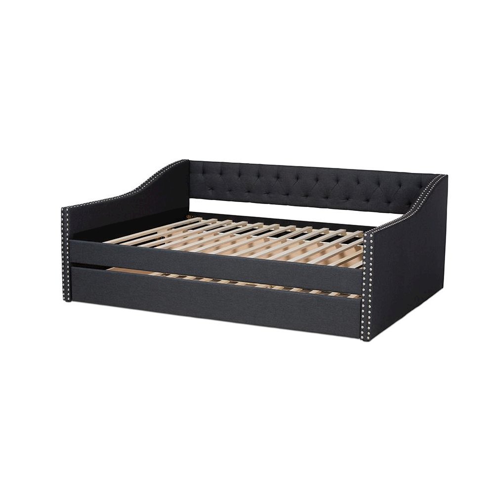 Dark Grey Fabric Upholstered Queen Size Daybed with Roll-Out Trundle Bed. Picture 5