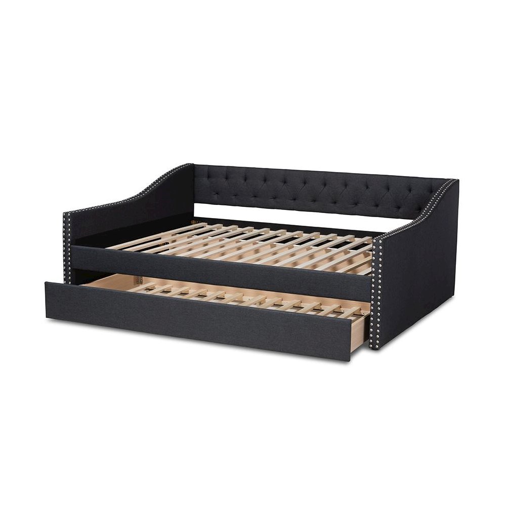 Dark Grey Fabric Upholstered Queen Size Daybed with Roll-Out Trundle Bed. Picture 6